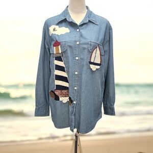 AMRAV Denim Shirt Nautical Sea Sailboat Bird Sz M Lighthouse Crochet Water